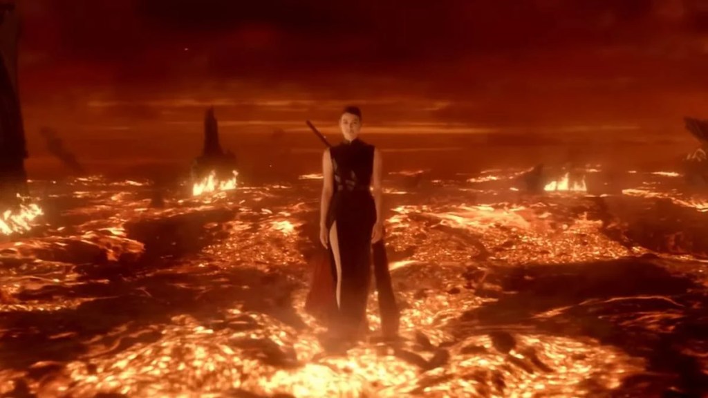 A woman walks across a fiery landscape in a still from Netflix's 